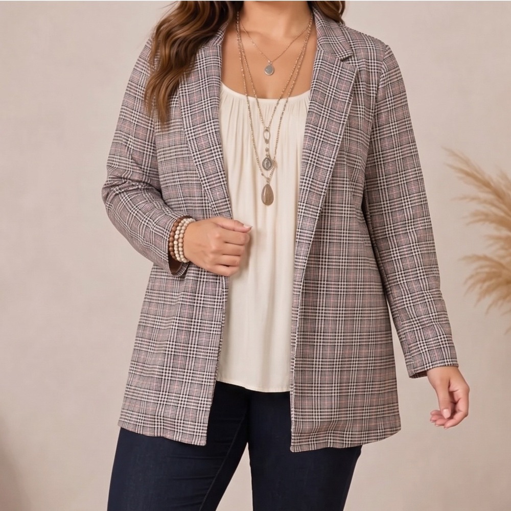 Active USA Glen Plaid Open Front Blazer Large Pink Black White Check